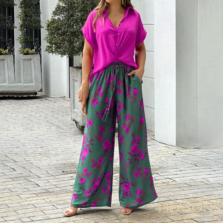 Wefads Women Two Piece Set Solid Color Short Sleeve Button Top Drawstring Print Wide Leg Pants High