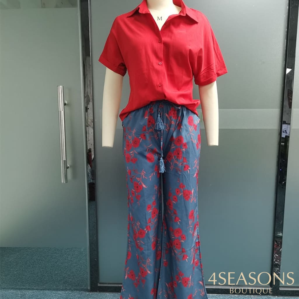 Wefads Women Two Piece Set Solid Color Short Sleeve Button Top Drawstring Print Wide Leg Pants High