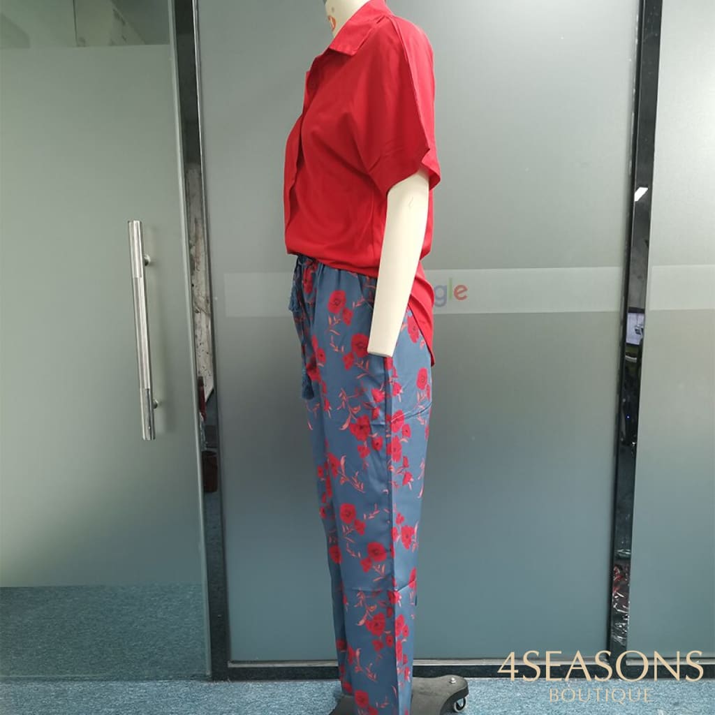Wefads Women Two Piece Set Solid Color Short Sleeve Button Top Drawstring Print Wide Leg Pants High