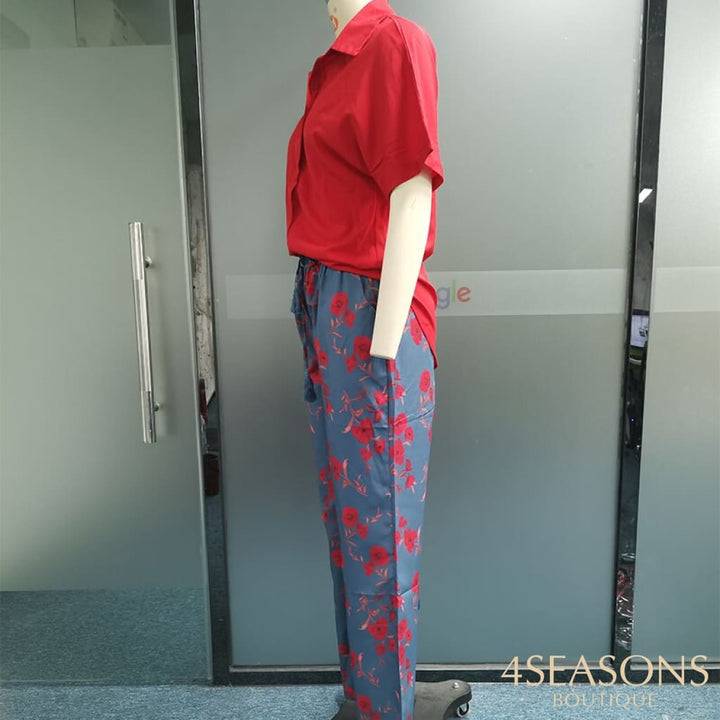Wefads Women Two Piece Set Solid Color Short Sleeve Button Top Drawstring Print Wide Leg Pants High