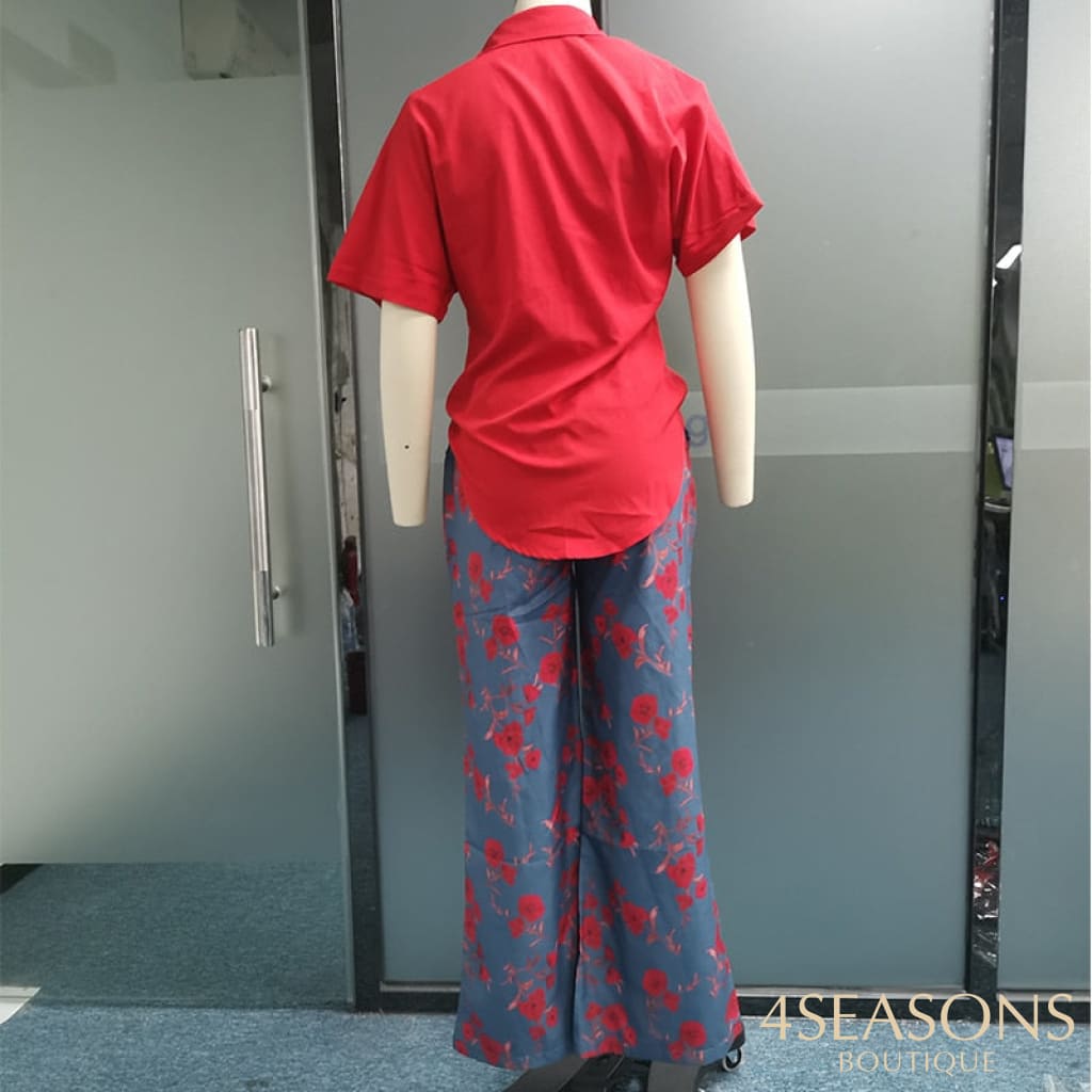Wefads Women Two Piece Set Solid Color Short Sleeve Button Top Drawstring Print Wide Leg Pants High