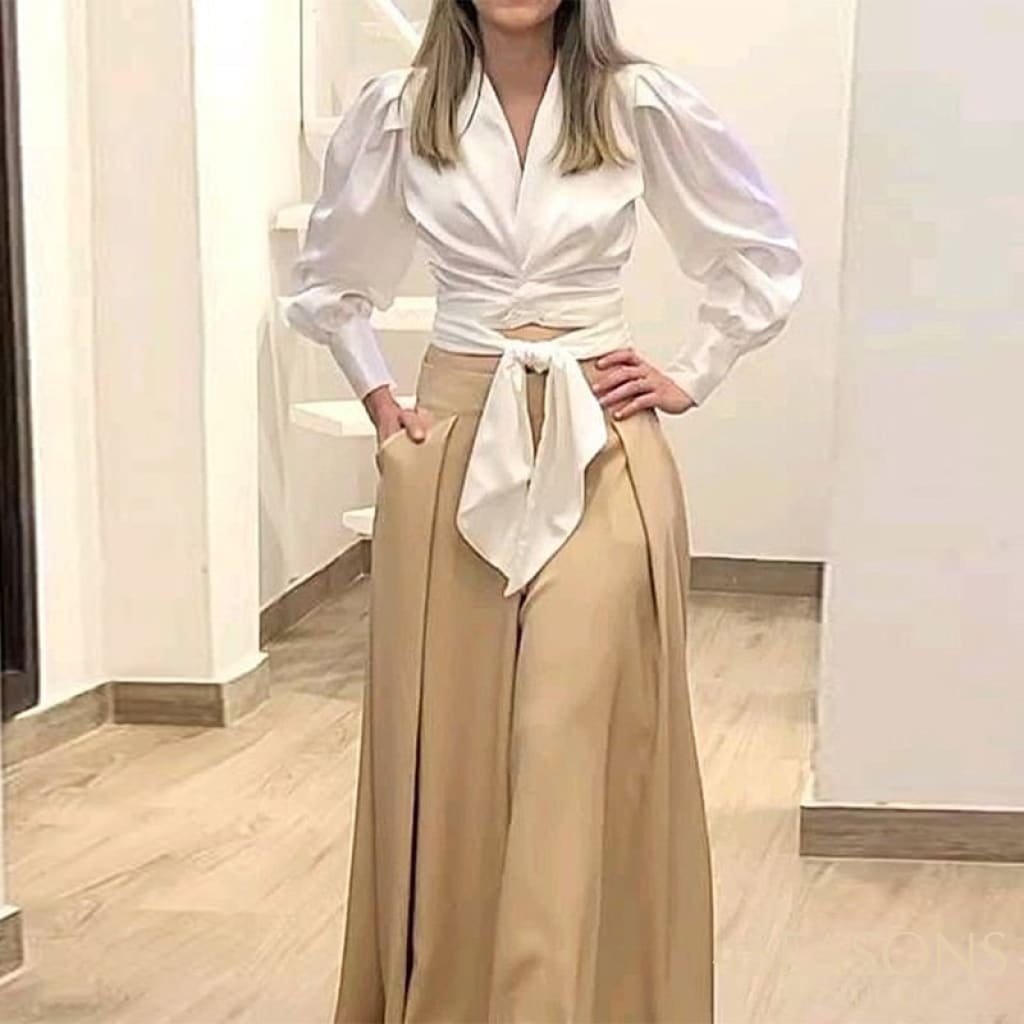 Wefads Women Two Piece Set Solid Long Lantern Sleeve V Neck Nipped Waist Tip Up Shirt Top Loose Wide