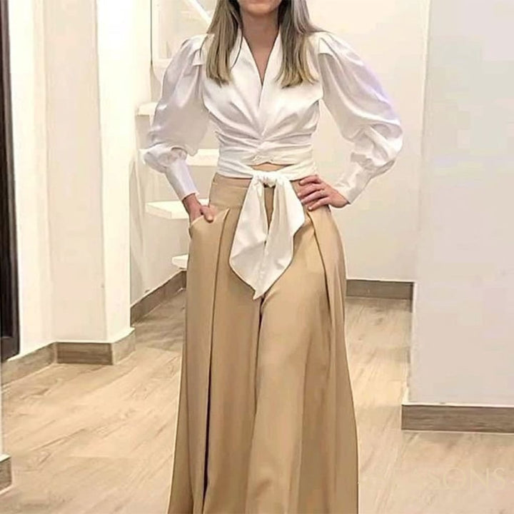 Wefads Women Two Piece Set Solid Long Lantern Sleeve V Neck Nipped Waist Tip Up Shirt Top Loose Wide