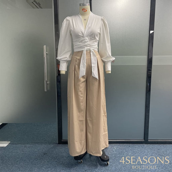 Wefads Women Two Piece Set Solid Long Lantern Sleeve V Neck Nipped Waist Tip Up Shirt Top Loose Wide
