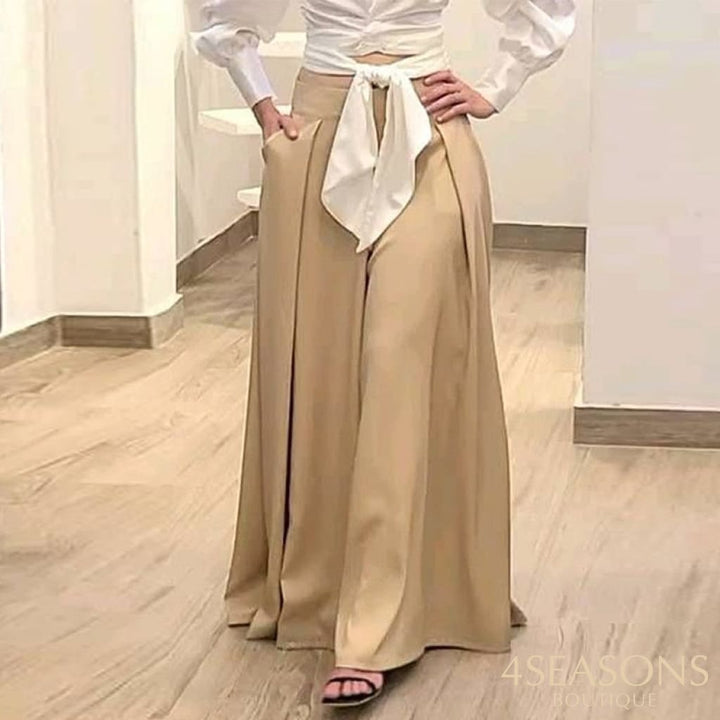 Wefads Women Two Piece Set Solid Long Lantern Sleeve V Neck Nipped Waist Tip Up Shirt Top Loose Wide