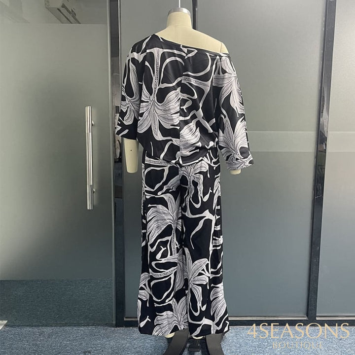 Wefads Women Two Piece Set Summer Casual Art Print One Shoulder Round Neck Top Loose Wide Legs Long
