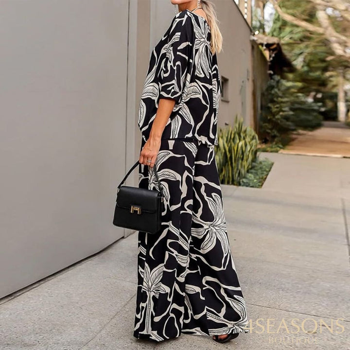 Wefads Women Two Piece Set Summer Casual Art Print One Shoulder Round Neck Top Loose Wide Legs Long