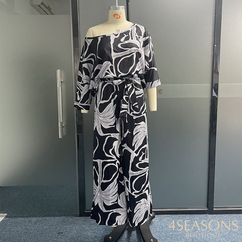 Wefads Women Two Piece Set Summer Casual Art Print One Shoulder Round Neck Top Loose Wide Legs Long