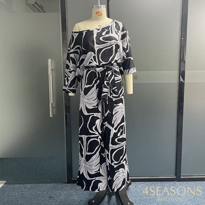 Wefads Women Two Piece Set Summer Casual Art Print One Shoulder Round Neck Top Loose Wide Legs Long