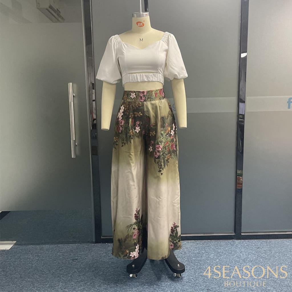 Wefads Women Two Piece Set Summer Casual Fashion Short Puff Sleeve Solid V Neck Loose Floral Print