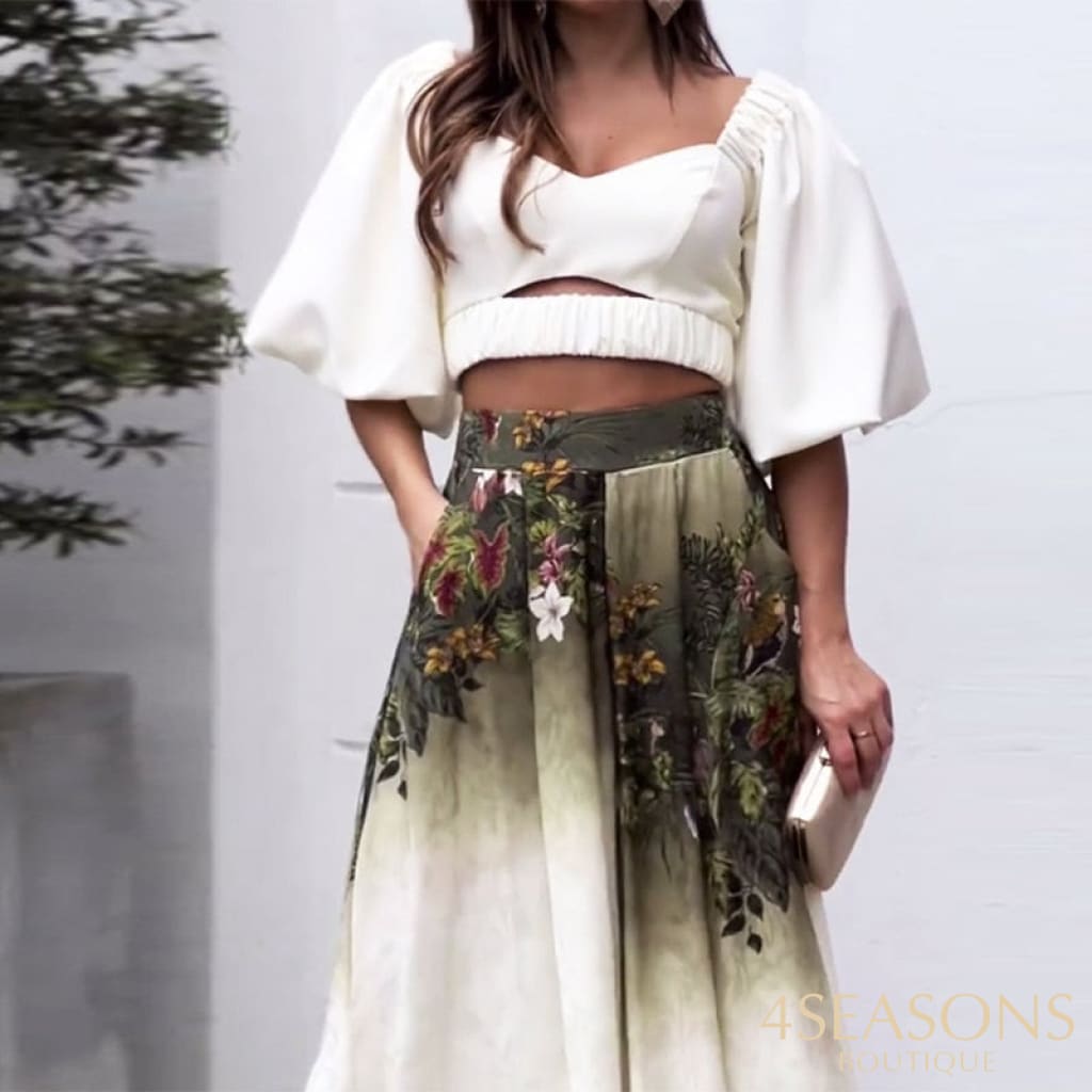 Wefads Women Two Piece Set Summer Casual Fashion Short Puff Sleeve Solid V Neck Loose Floral Print