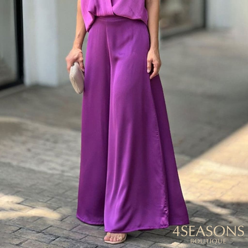 Wefads Women Two Piece Set Summer Casual Satin V Neck Solid Short Sleeve Top Loose Straight Legs