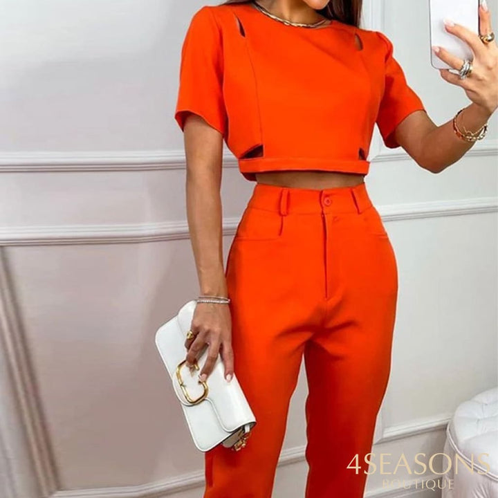 Wefads Women Two Piece Set Summer Casual Solid Crew Neck Short Sleeve Cutout Zipper Top Loose With