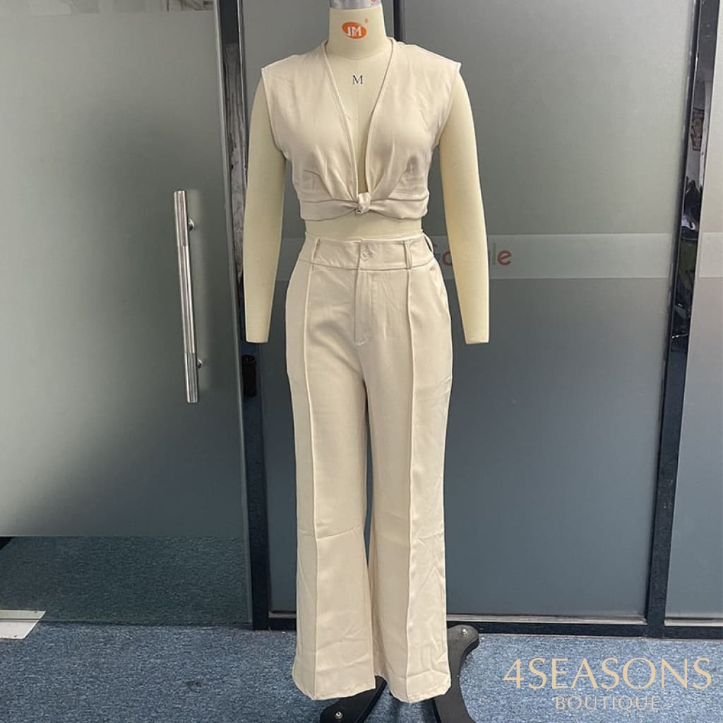 Wefads Women Two Piece Set Summer Casual Stylish Solid Sleeveless V Neck Sexy Top Loose Long Pants