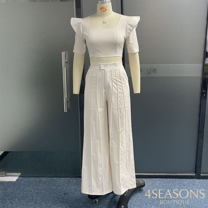 Wefads Women Two Piece Set Summer Fashion Solid Short Puff Sleeve Square Neck Loose Wide Legs Long