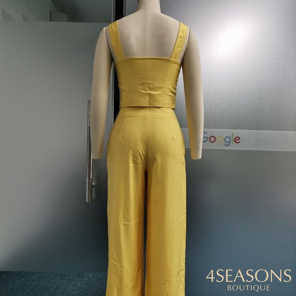 Wefads Women Two Piece Sets Sexy Solid Colr Sleeveless Suspender Ruched Top Elegatn Wide Leg Pant