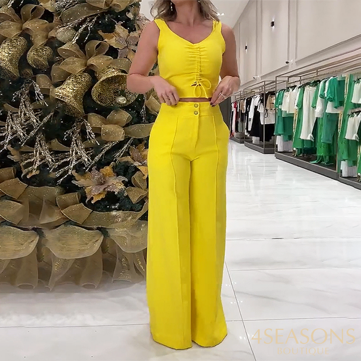Wefads Women Two Piece Sets Sexy Solid Colr Sleeveless Suspender Ruched Top Elegatn Wide Leg Pant