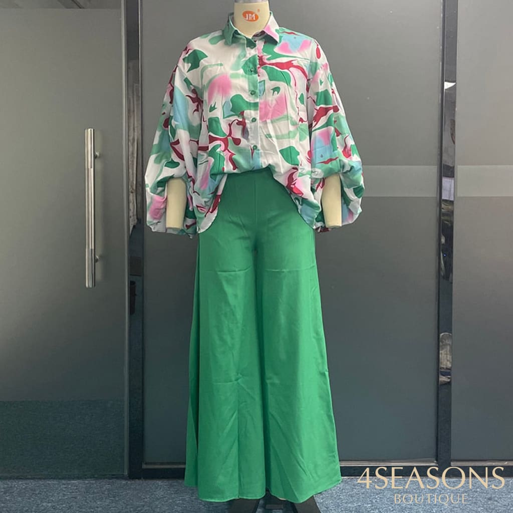 Wefads Womens Two Piece Sets Sexy Long Puff Sleeve Shirt Elegant Solid Color Wide Leg Pants High