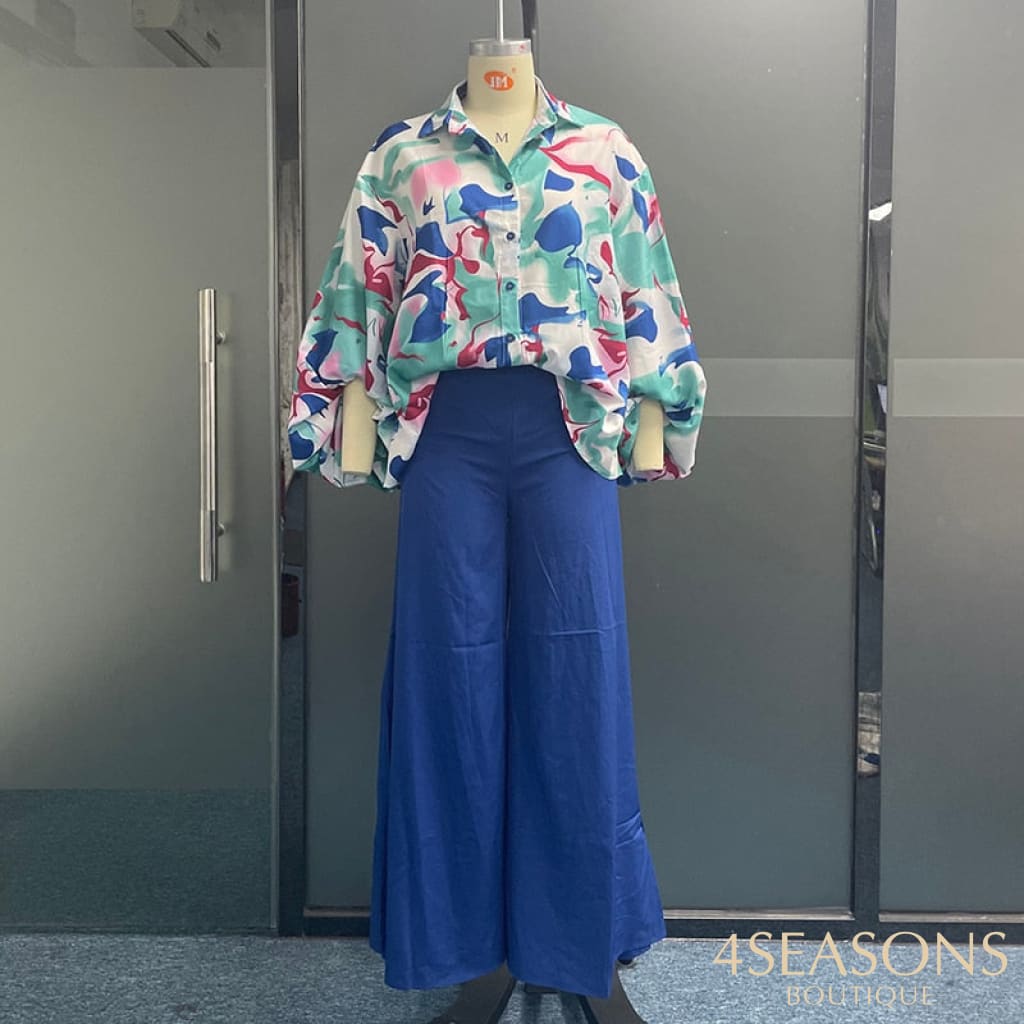 Wefads Womens Two Piece Sets Sexy Long Puff Sleeve Shirt Elegant Solid Color Wide Leg Pants High