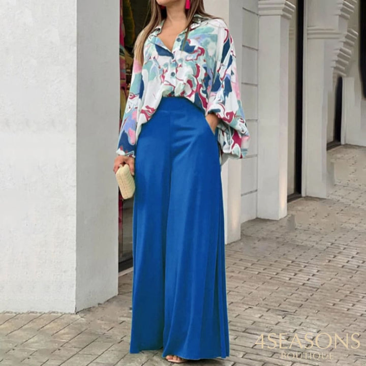 Wefads Womens Two Piece Sets Sexy Long Puff Sleeve Shirt Elegant Solid Color Wide Leg Pants High