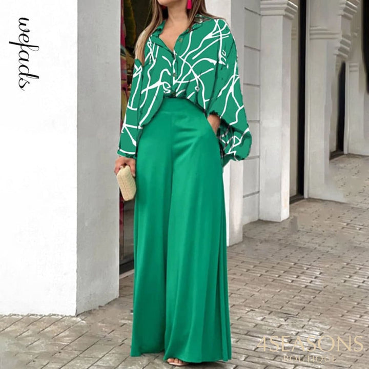 Wefads Womens Two Piece Sets Sexy Long Puff Sleeve Shirt Elegant Solid Color Wide Leg Pants High