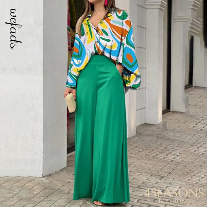 Wefads Womens Two Piece Sets Sexy Long Puff Sleeve Shirt Elegant Solid Color Wide Leg Pants High