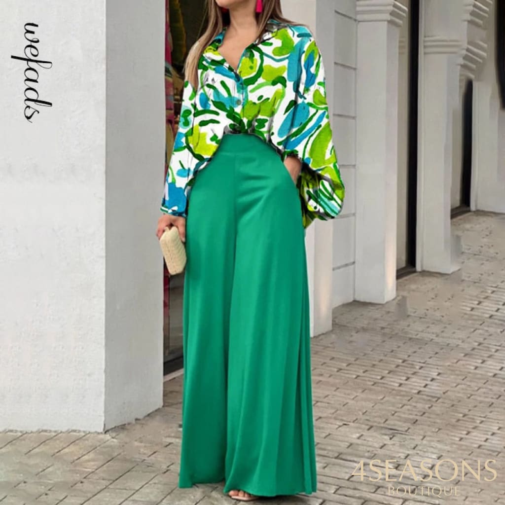 Wefads Womens Two Piece Sets Sexy Long Puff Sleeve Shirt Elegant Solid Color Wide Leg Pants High