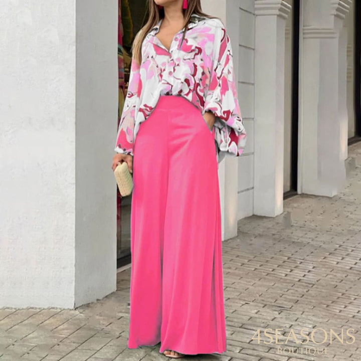 Wefads Womens Two Piece Sets Sexy Long Puff Sleeve Shirt Elegant Solid Color Wide Leg Pants High