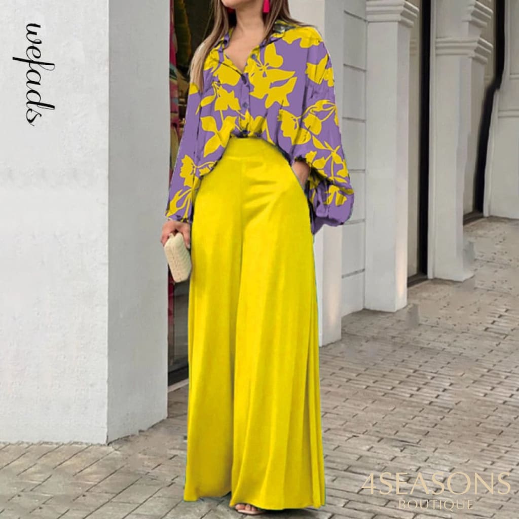 Wefads Womens Two Piece Sets Sexy Long Puff Sleeve Shirt Elegant Solid Color Wide Leg Pants High