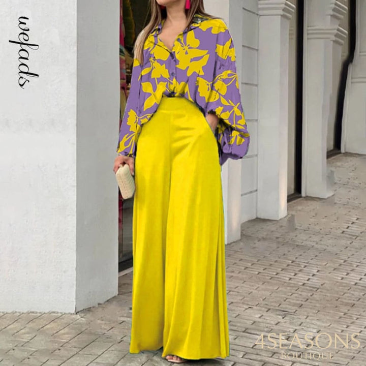 Wefads Womens Two Piece Sets Sexy Long Puff Sleeve Shirt Elegant Solid Color Wide Leg Pants High