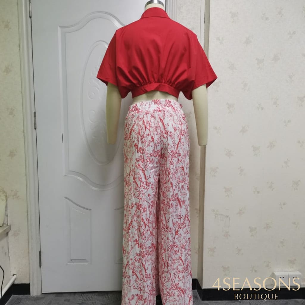 Conjunto duas peças feminino camisa meia manga floral calça perna larga elegante streetwear