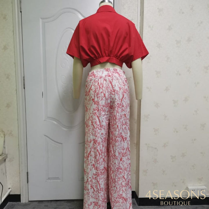 Conjunto duas peças feminino camisa meia manga floral calça perna larga elegante streetwear