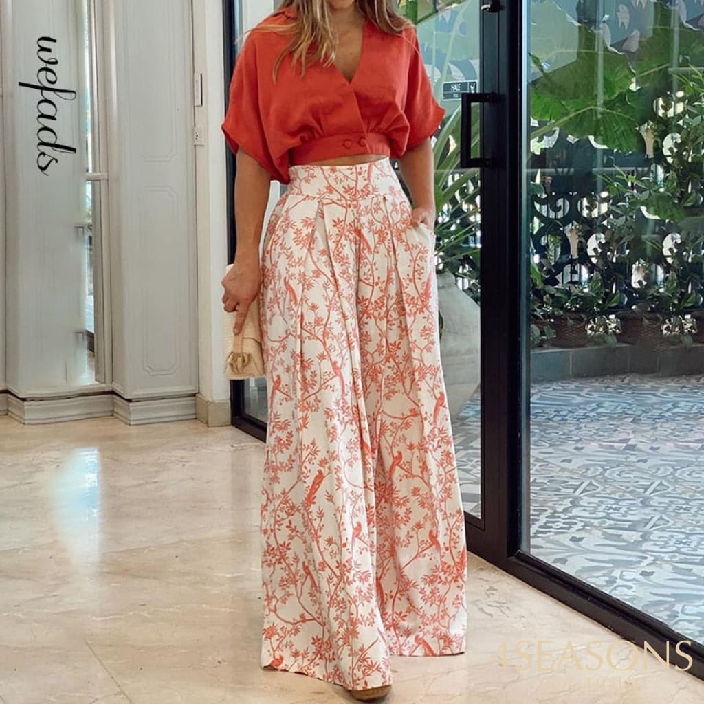 Conjunto duas peças feminino camisa meia manga floral calça perna larga elegante streetwear