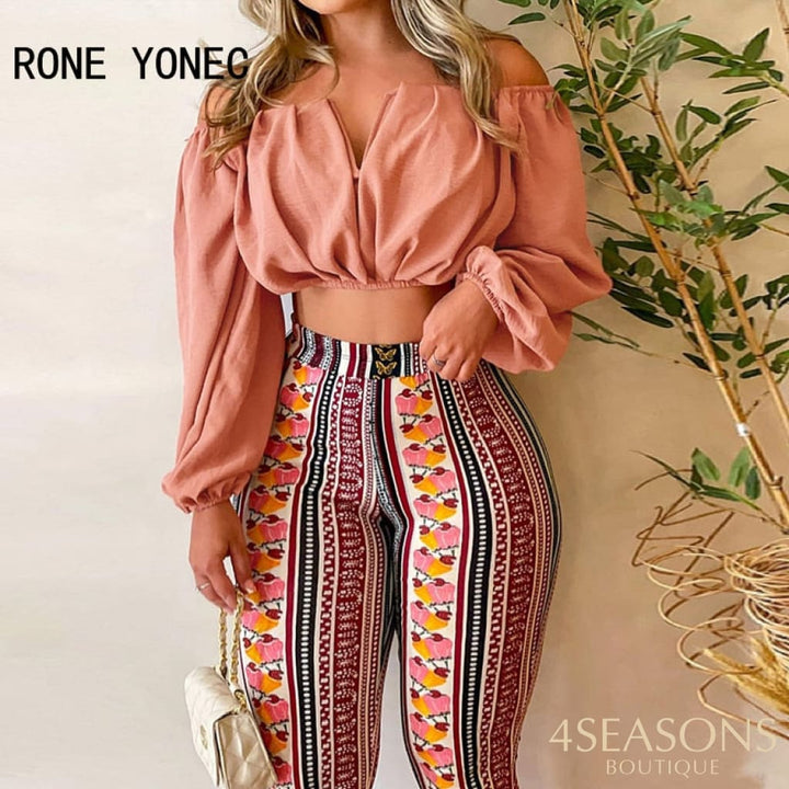 Women Chic Solid Crop Top &amp; All Over Print Pants Slash Collar Long Sleeves Sexy Sets