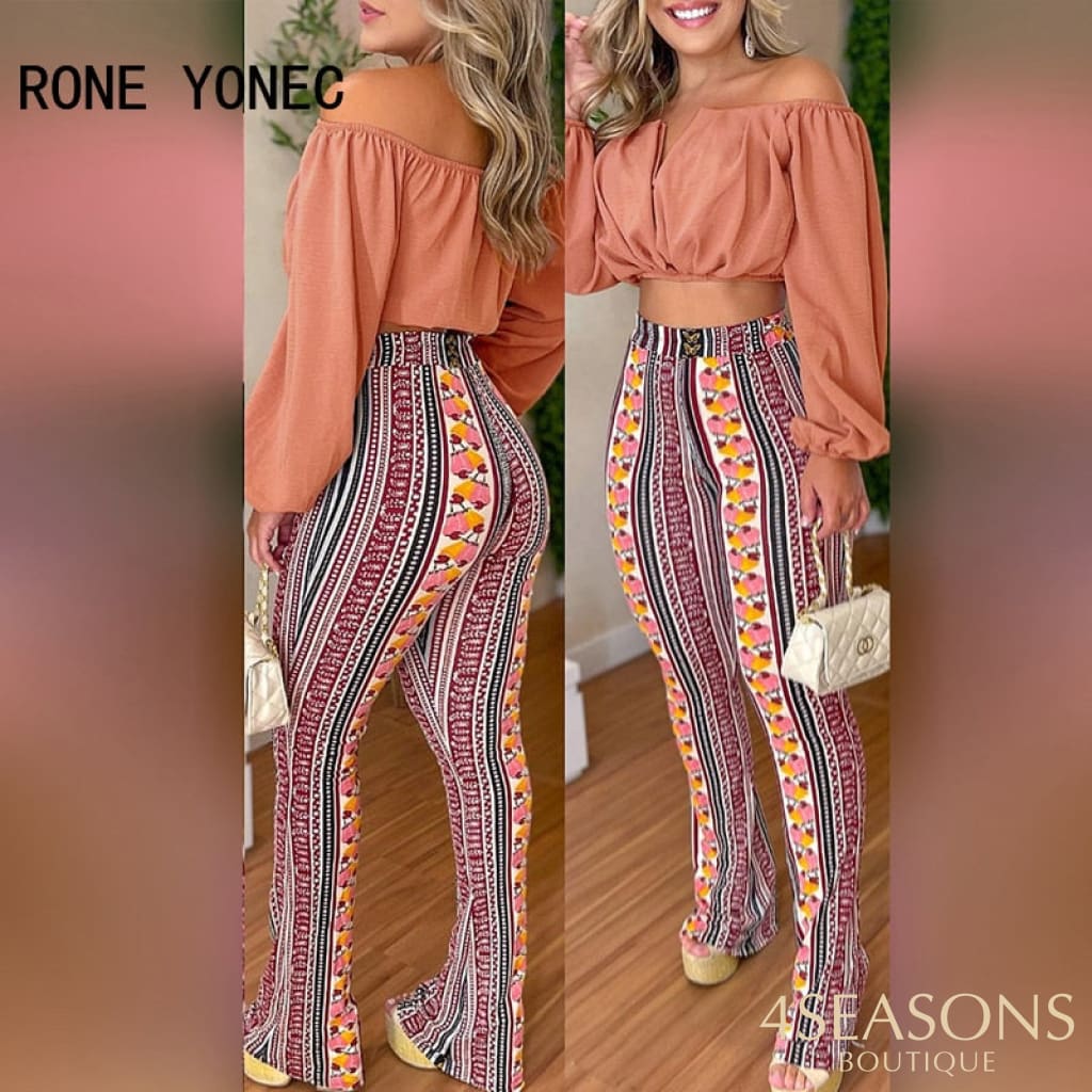 Women Chic Solid Crop Top &amp; All Over Print Pants Slash Collar Long Sleeves Sexy Sets