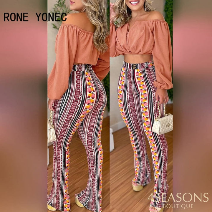 Women Chic Solid Crop Top &amp; All Over Print Pants Slash Collar Long Sleeves Sexy Sets