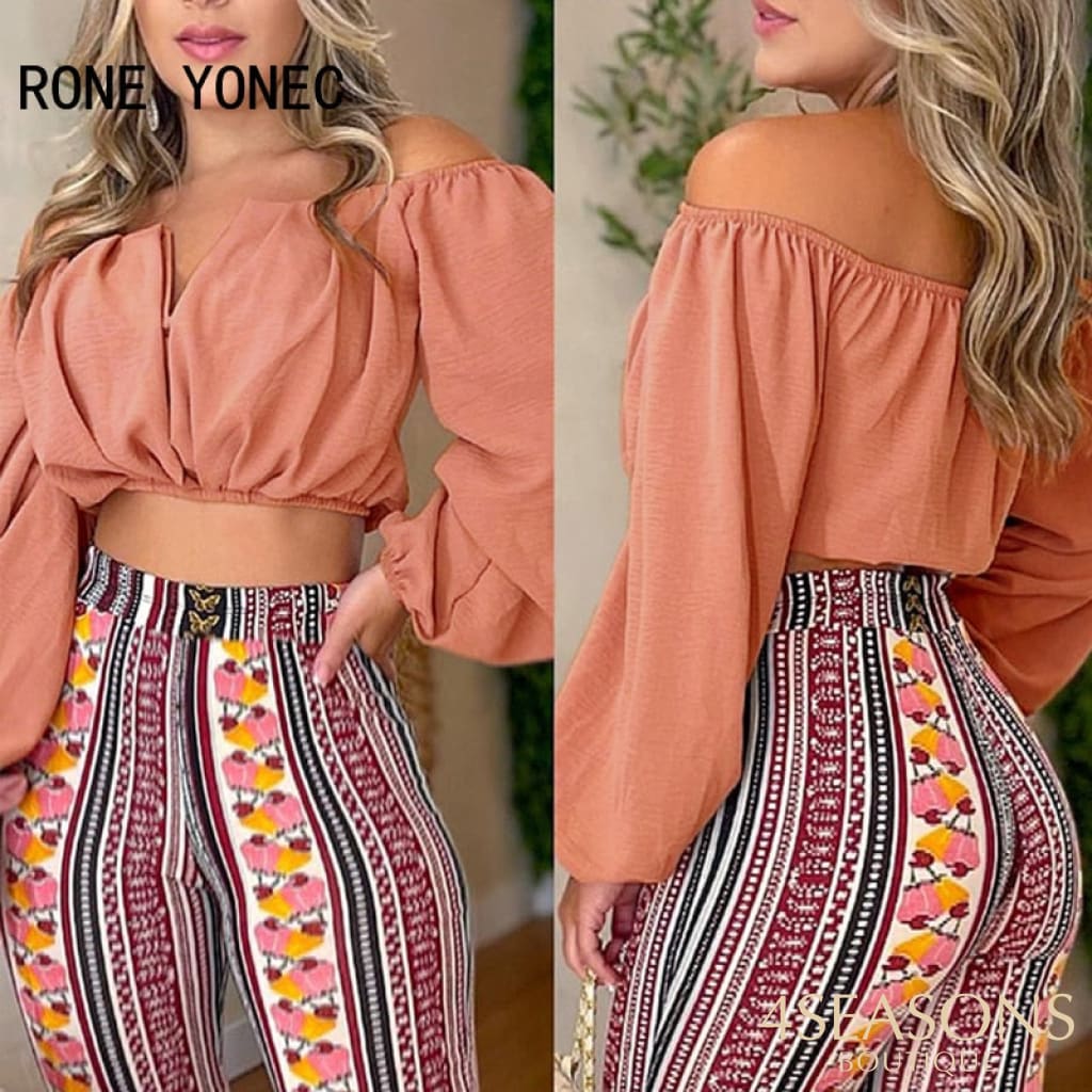 Women Chic Solid Crop Top &amp; All Over Print Pants Slash Collar Long Sleeves Sexy Sets