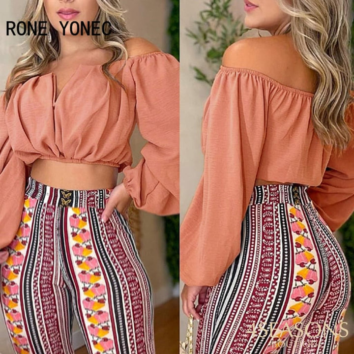 Women Chic Solid Crop Top &amp; All Over Print Pants Slash Collar Long Sleeves Sexy Sets