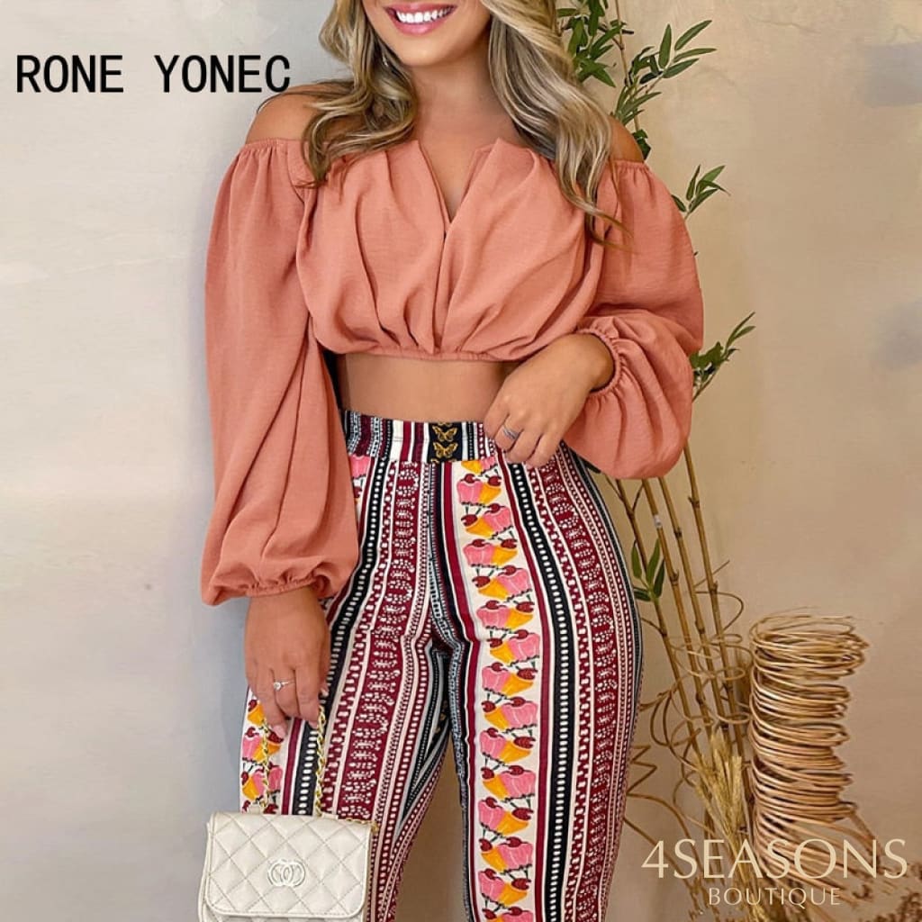 Women Chic Solid Crop Top &amp; All Over Print Pants Slash Collar Long Sleeves Sexy Sets Multi / S