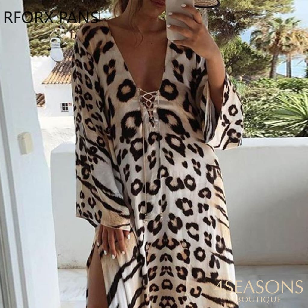 Women Dress Cheetah Print Lace-Up High Slit Maxi For