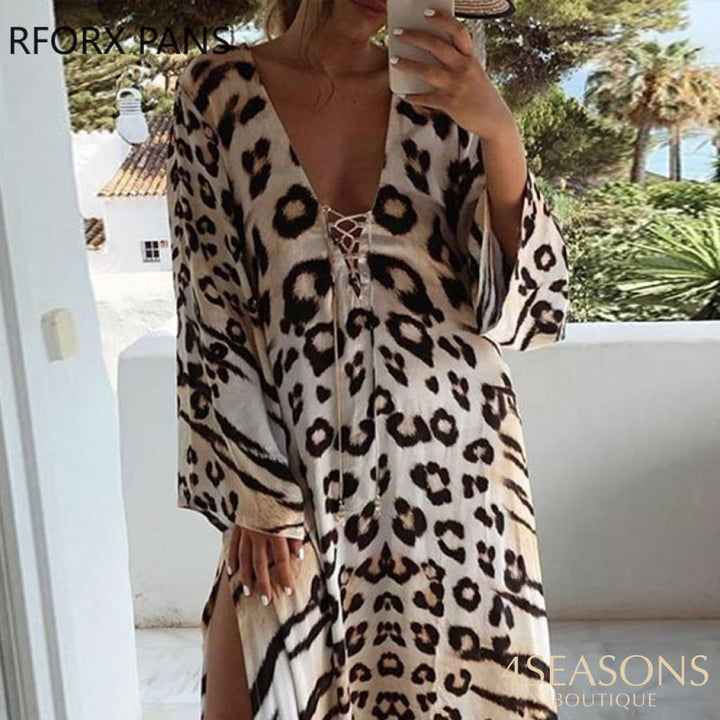 Women Dress Cheetah Print Lace-Up High Slit Maxi For