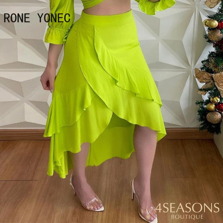 Women Solid Elegant Three Quarter Lantern Sleeves Cascading Ruffles Criss Cross Crop Top Maxi Skirt