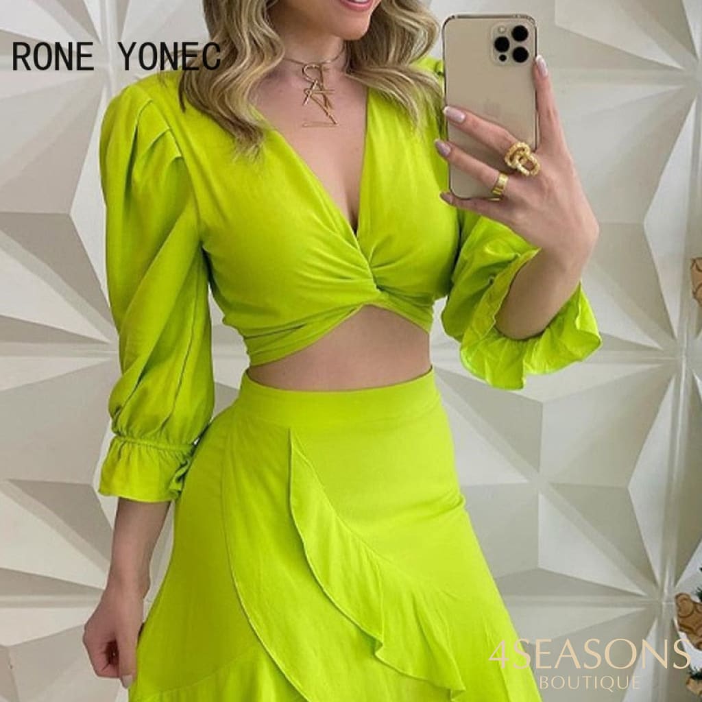 Women Solid Elegant Three Quarter Lantern Sleeves Cascading Ruffles Criss Cross Crop Top Maxi Skirt