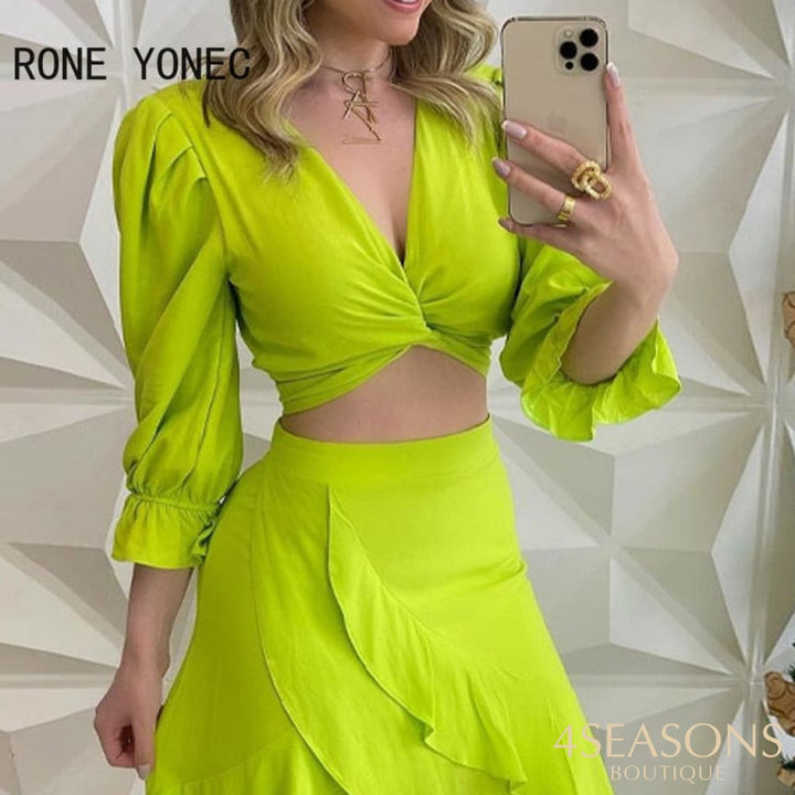 Women Solid Elegant Three Quarter Lantern Sleeves Cascading Ruffles Criss Cross Crop Top Maxi Skirt