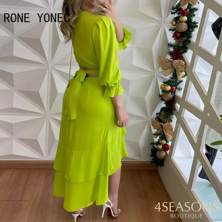 Women Solid Elegant Three Quarter Lantern Sleeves Cascading Ruffles Criss Cross Crop Top Maxi Skirt