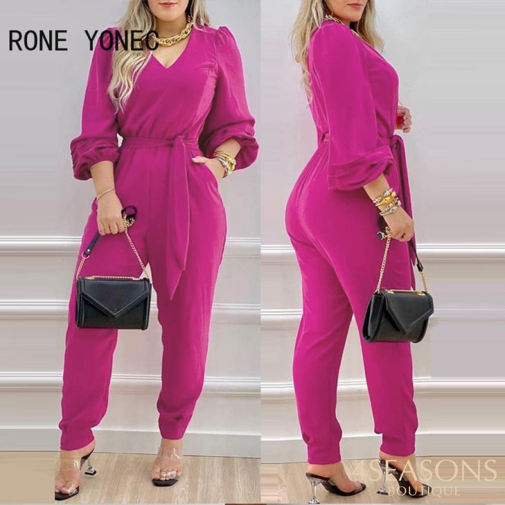 Women Solid Elegant V-Neck Lantern Sleeve Sashes Rose Red Jumpsuit