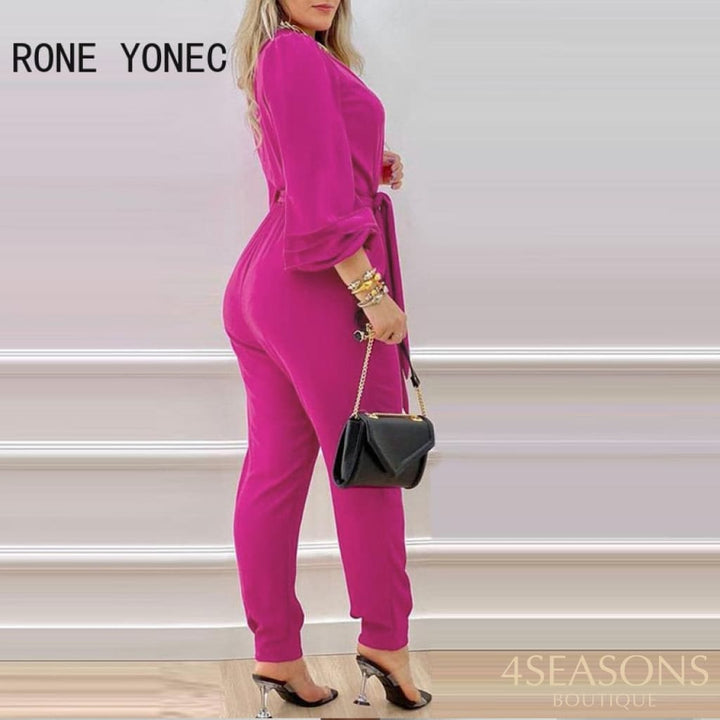 Women Solid Elegant V-Neck Lantern Sleeve Sashes Rose Red Jumpsuit