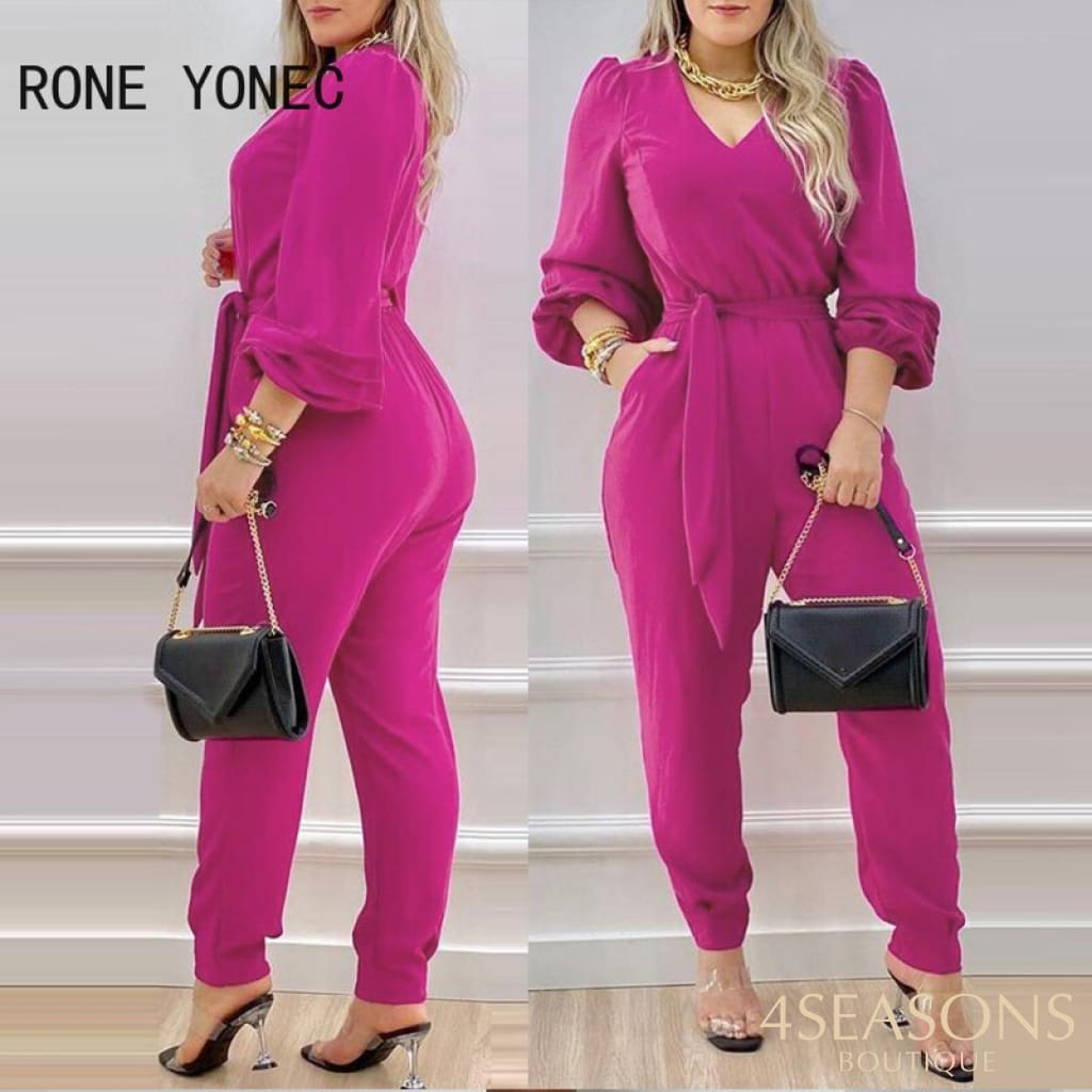 Women Solid Elegant V-Neck Lantern Sleeve Sashes Rose Red Jumpsuit