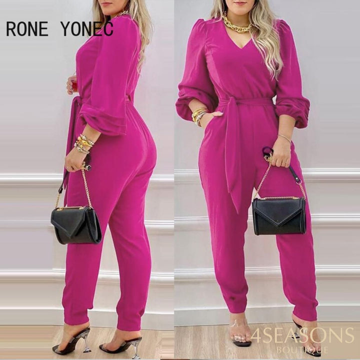 Women Solid Elegant V-Neck Lantern Sleeve Sashes Rose Red Jumpsuit