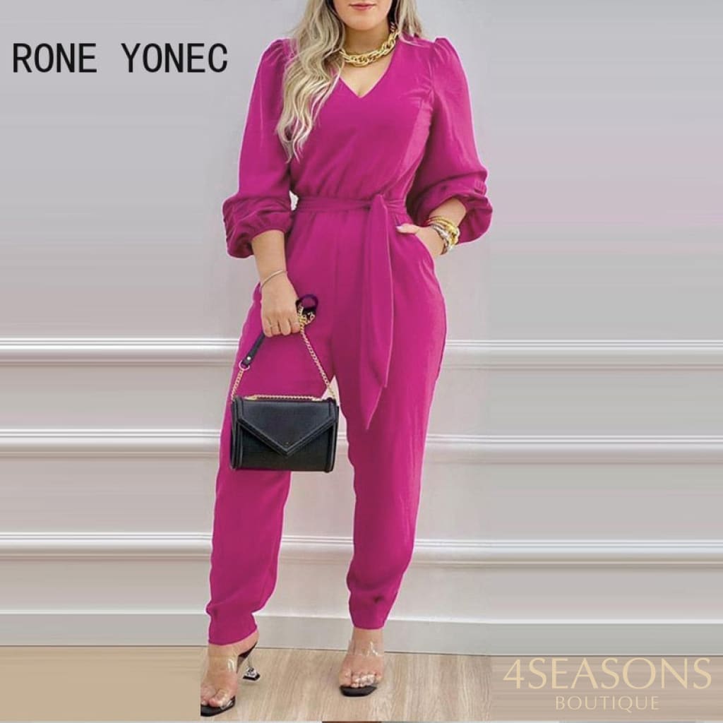 Women Solid Elegant V-Neck Lantern Sleeve Sashes Rose Red Jumpsuit Red / S